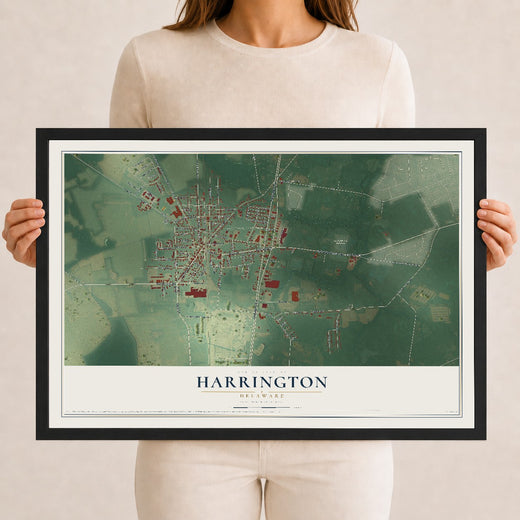 Map of Harrington, Delaware, 12 x 18 inch print in a black wood frame