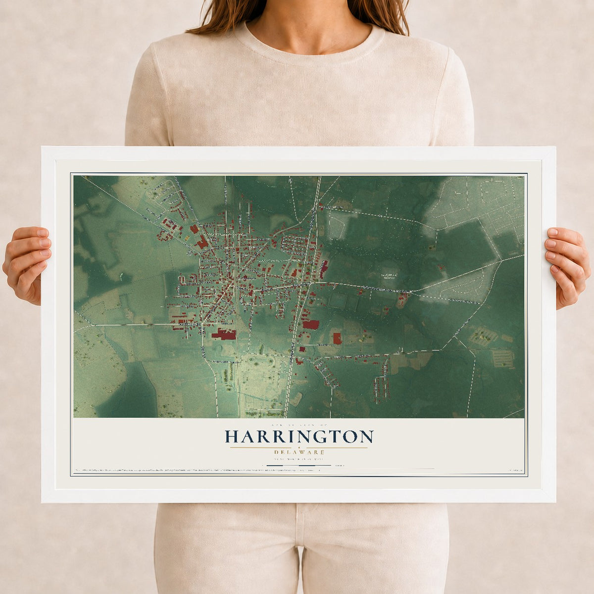 Map of Harrington, Delaware, 12 x 18 inch print in a white wood frame