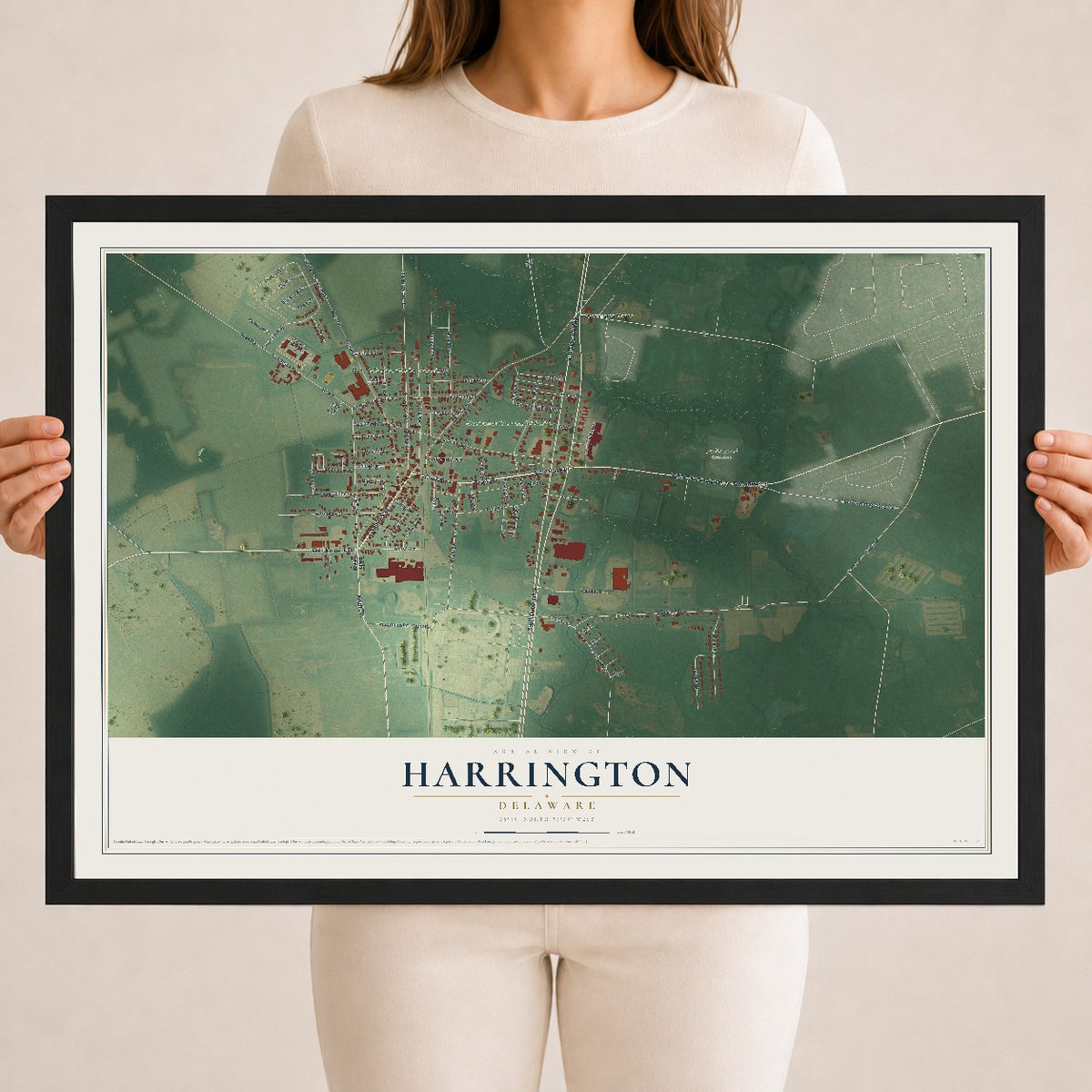 Map of Harrington, Delaware, 18 x 24 inch print in a black wood frame