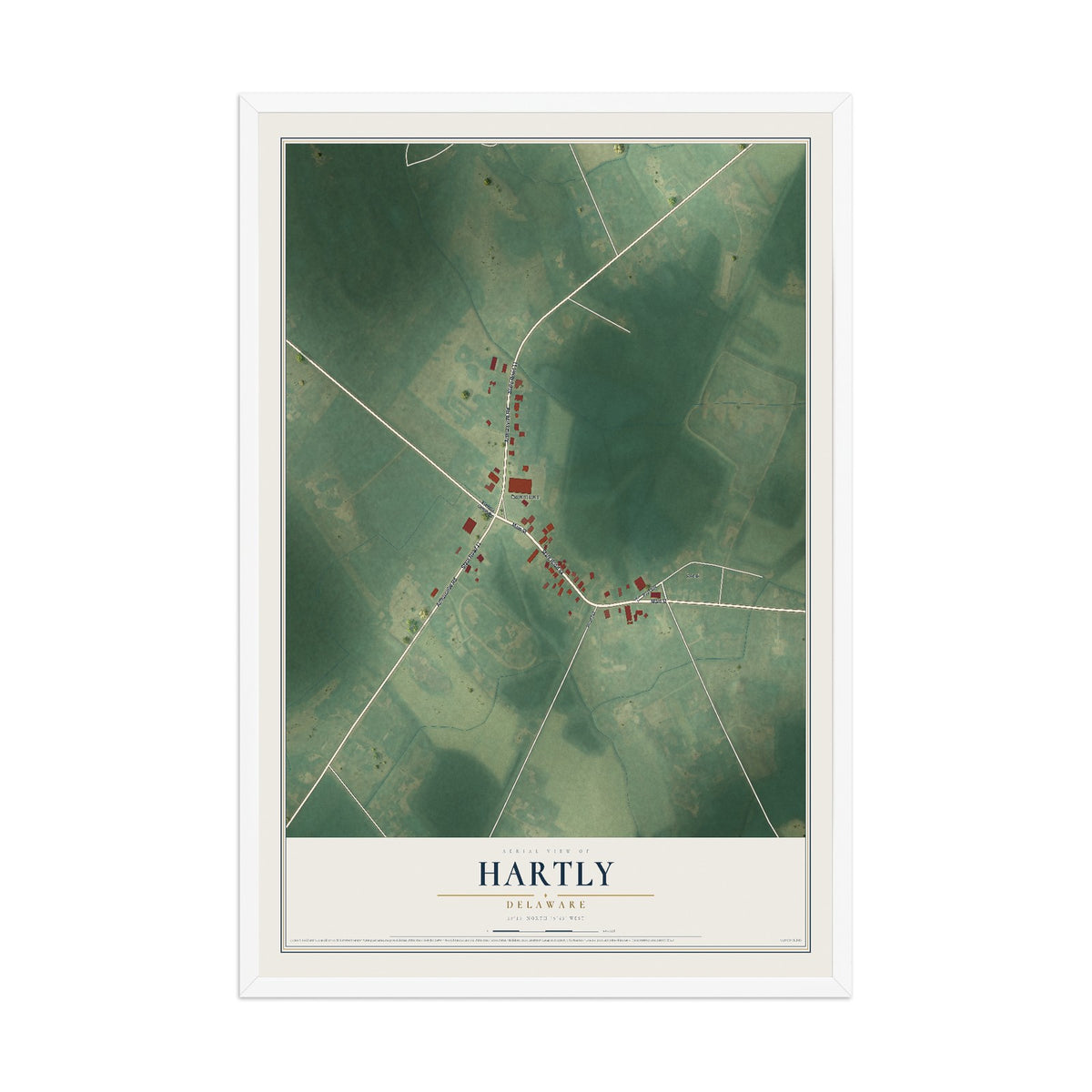 Map of Hartly, Delaware, 12 x 18 inch print in a white wood frame