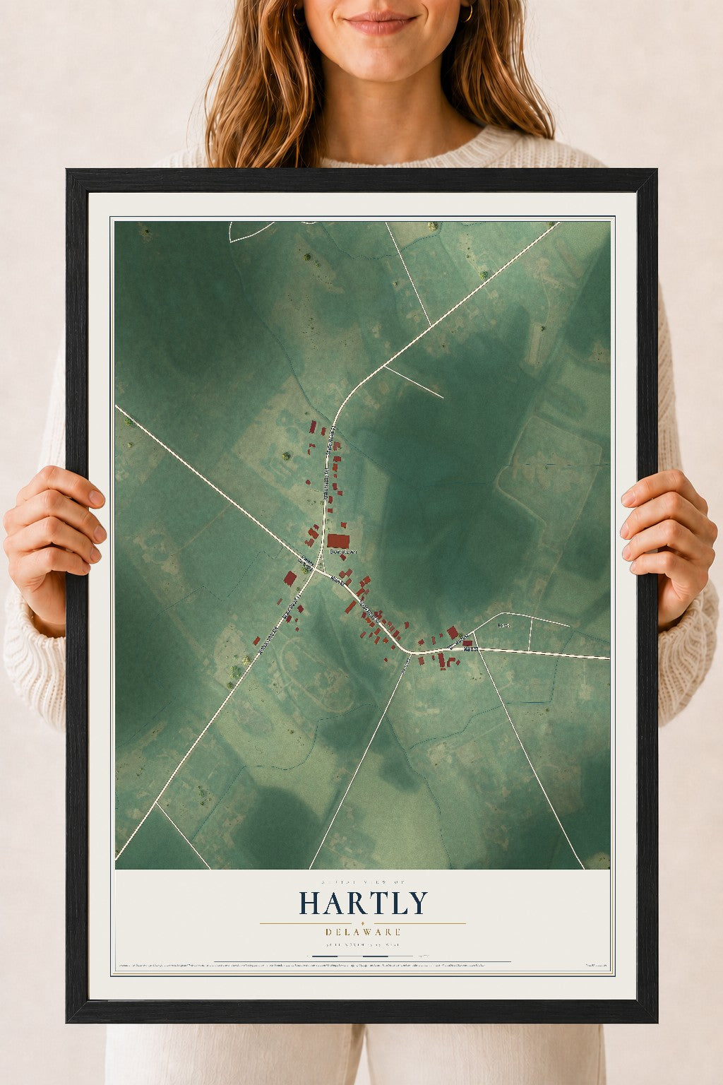 Map of Hartly, Delaware, 18 x 24 inch print in a black wood frame