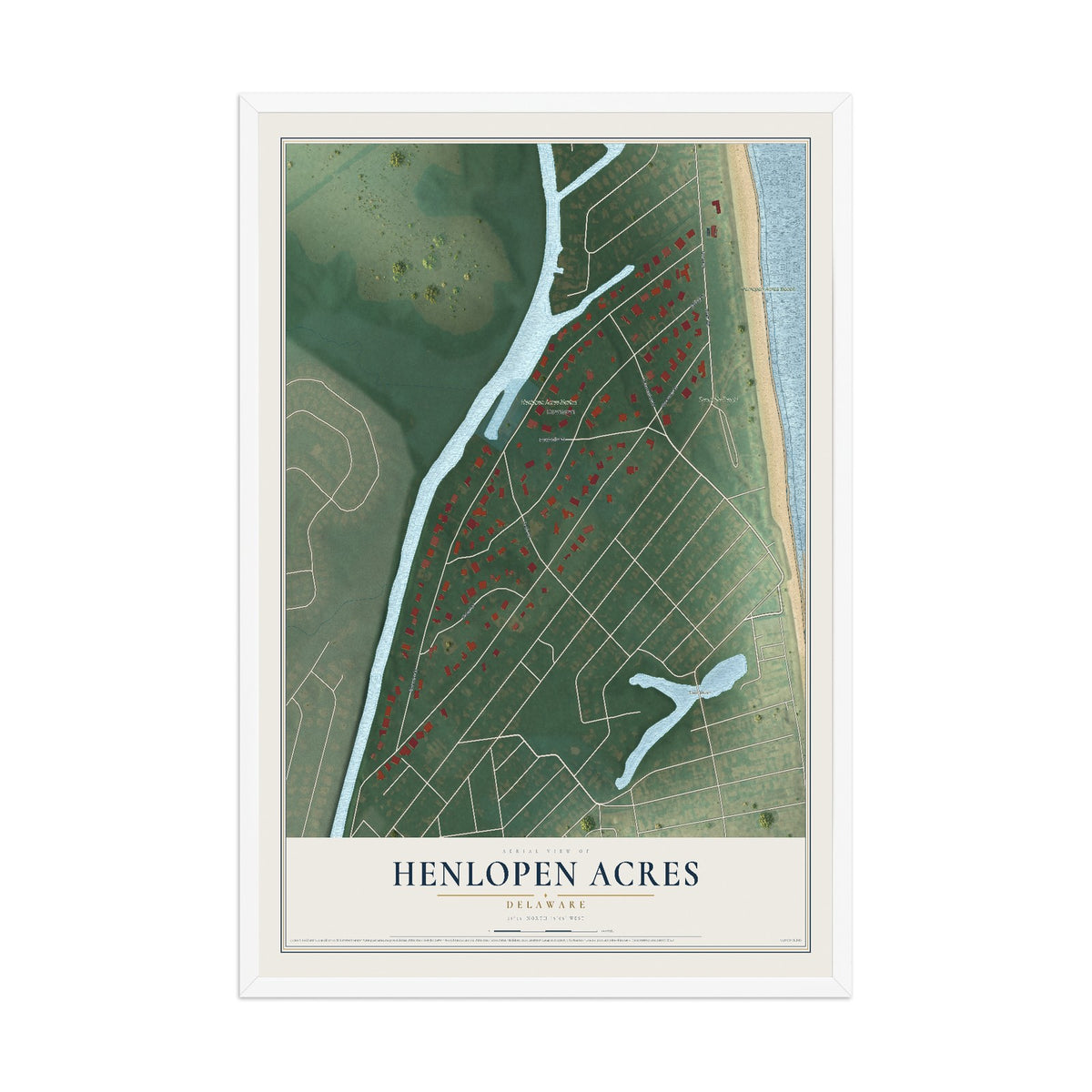 Map of Henlopen Acres, Delaware, 12 x 18 inch print in a white wood frame