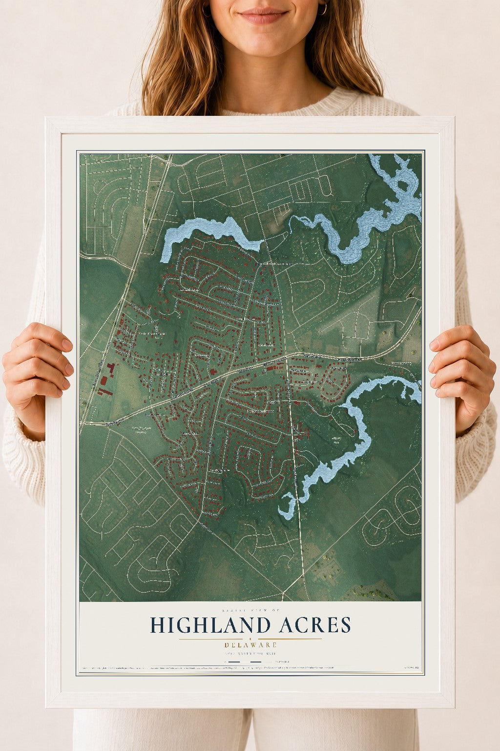Map of Highland Acres, Delaware, 18 x 24 inch print in a white wood frame