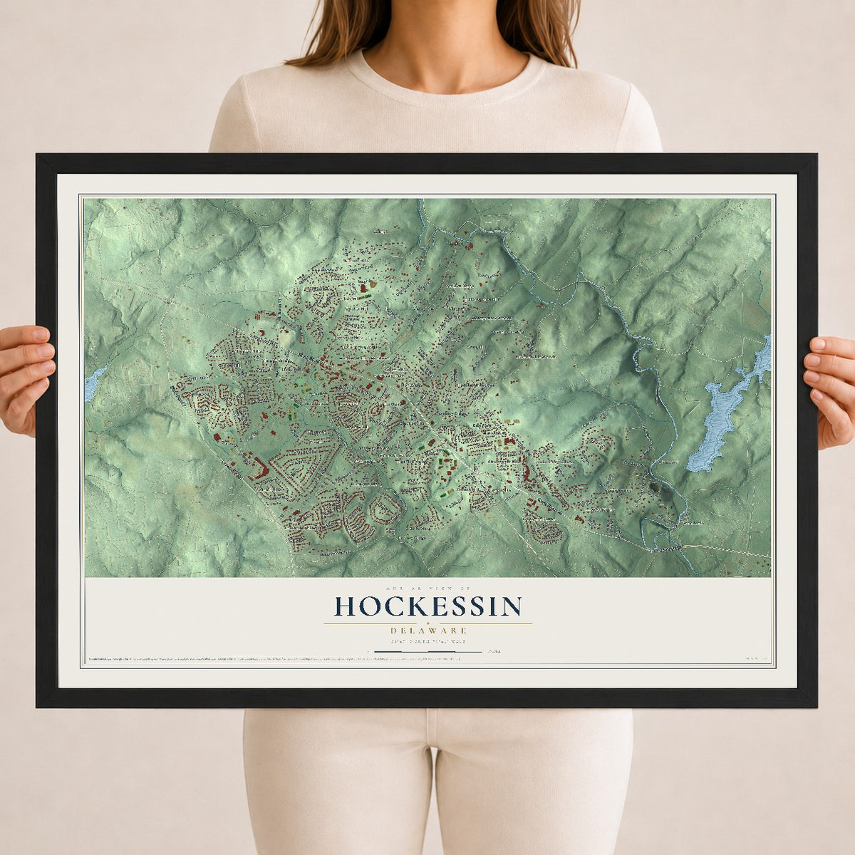 Map of Hockessin, Delaware, 18 x 24 inch print in a black wood frame