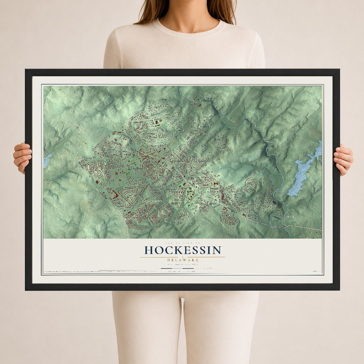 Map of Hockessin, Delaware, 24 x 36 inch print in a black wood frame