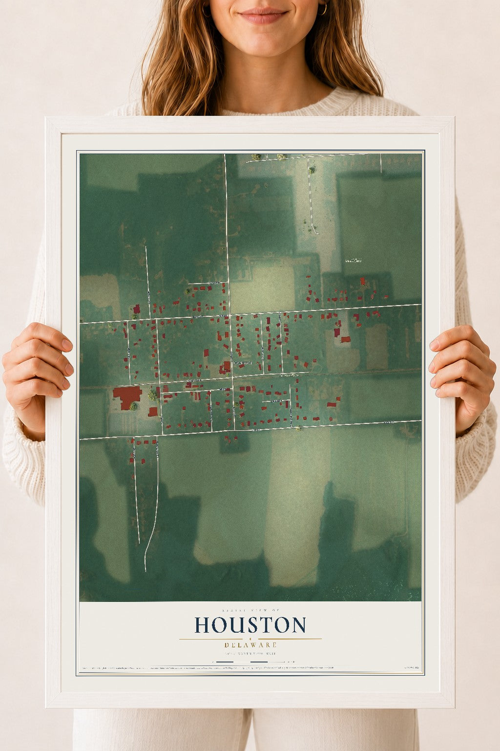 Map of Houston, Delaware, 18 x 24 inch print in a white wood frame