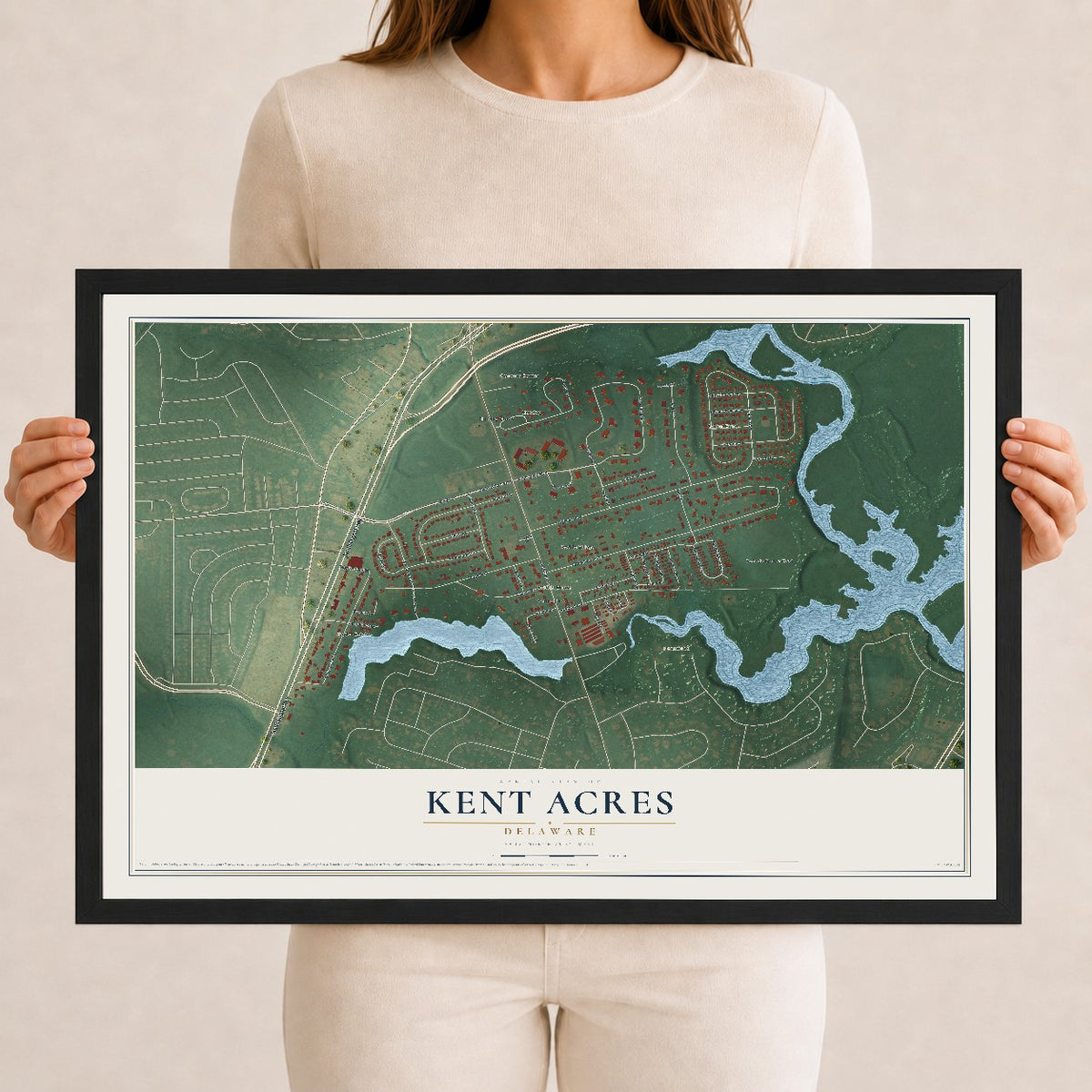Map of Kent Acres, Delaware, 12 x 18 inch print in a black wood frame