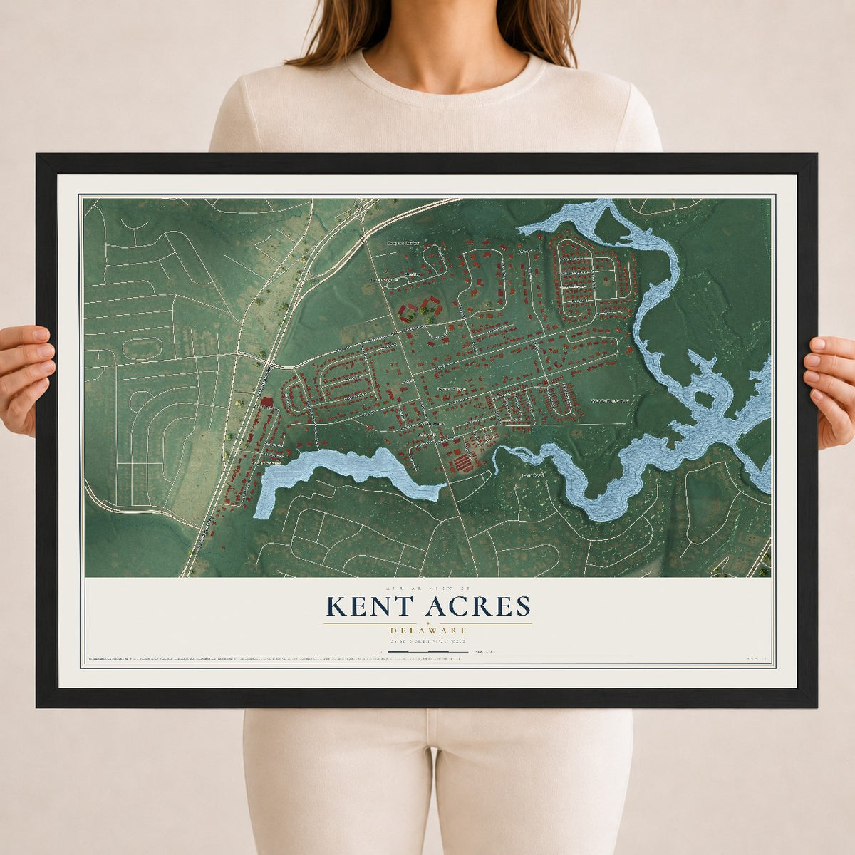 Map of Kent Acres, Delaware, 18 x 24 inch print in a black wood frame