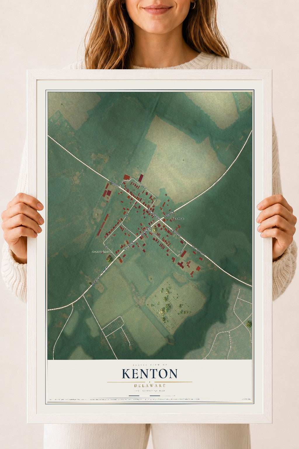 Map of Kenton, Delaware, 18 x 24 inch print in a white wood frame