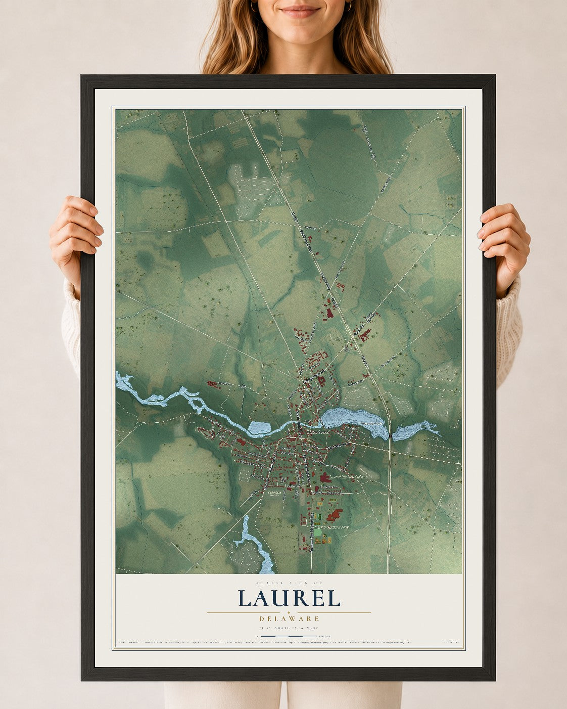Map of Laurel, Delaware, 24 x 36 inch print in a black wood frame