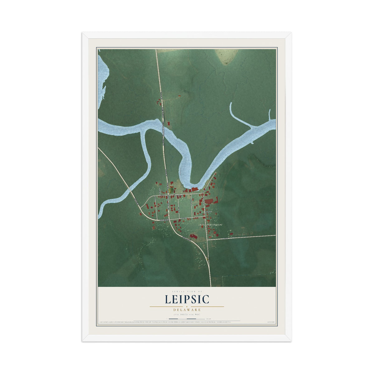 Map of Leipsic, Delaware, 12 x 18 inch print in a white wood frame