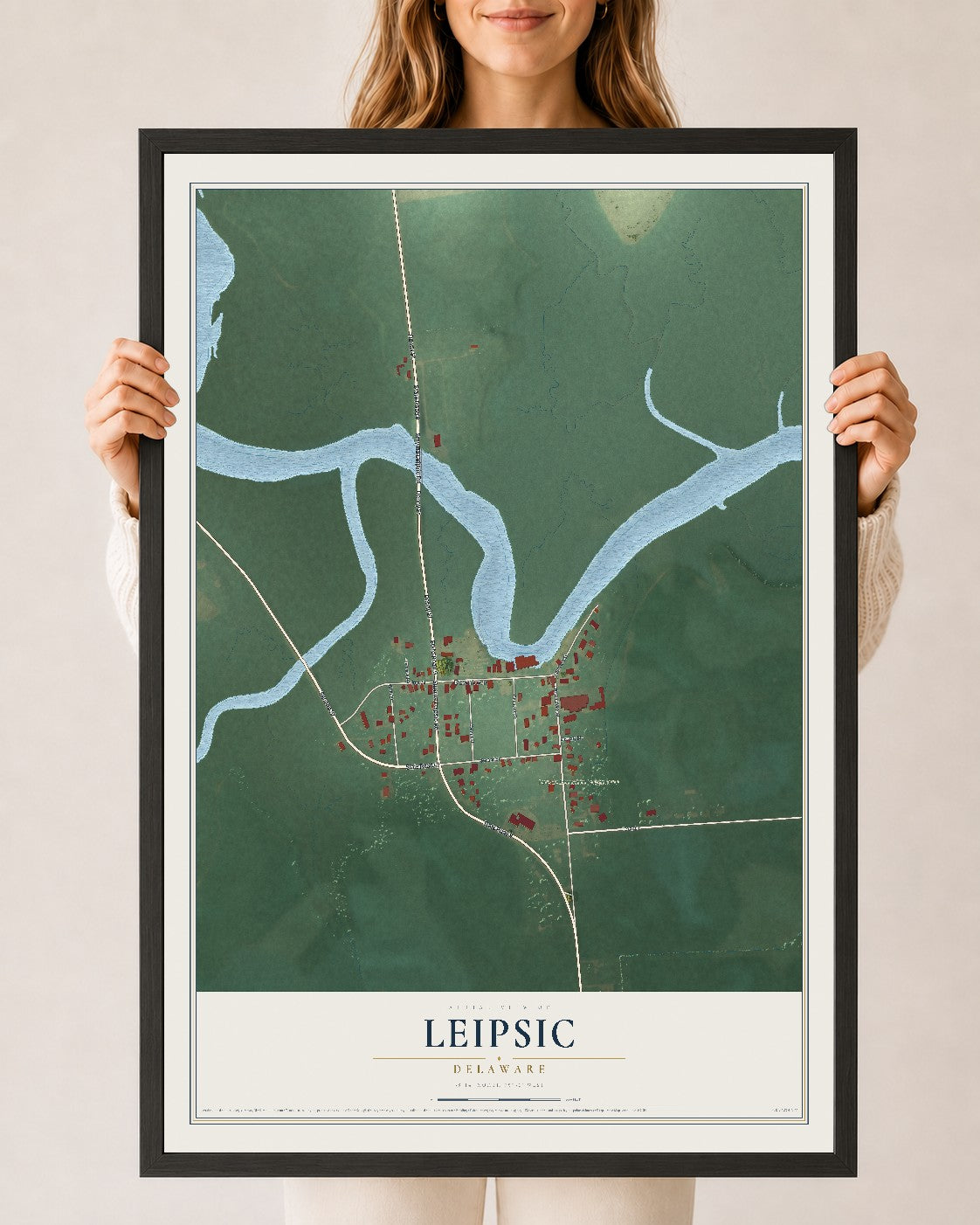 Map of Leipsic, Delaware, 24 x 36 inch print in a black wood frame