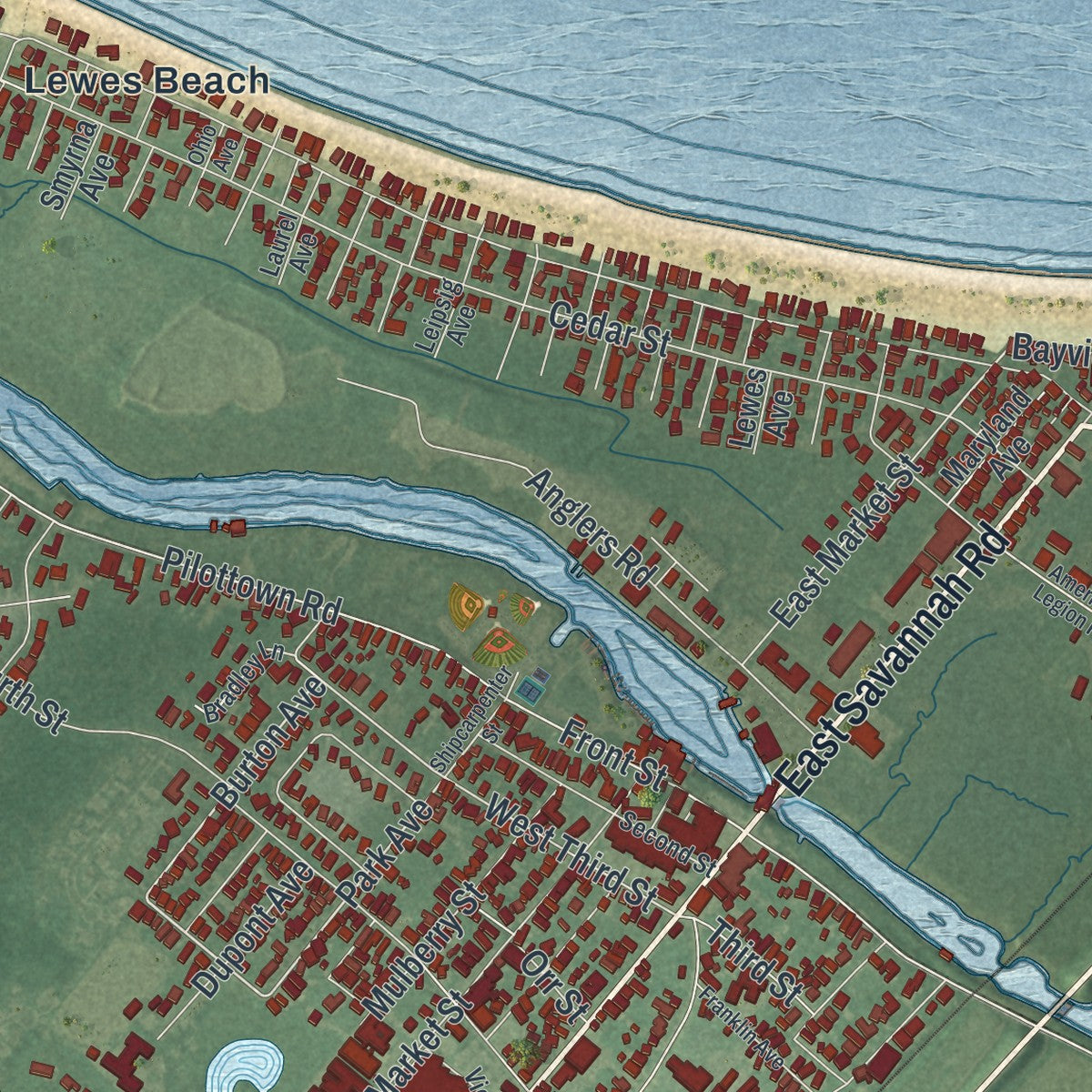 Close-up of the map of Lewes, Delaware print showing street and building detail