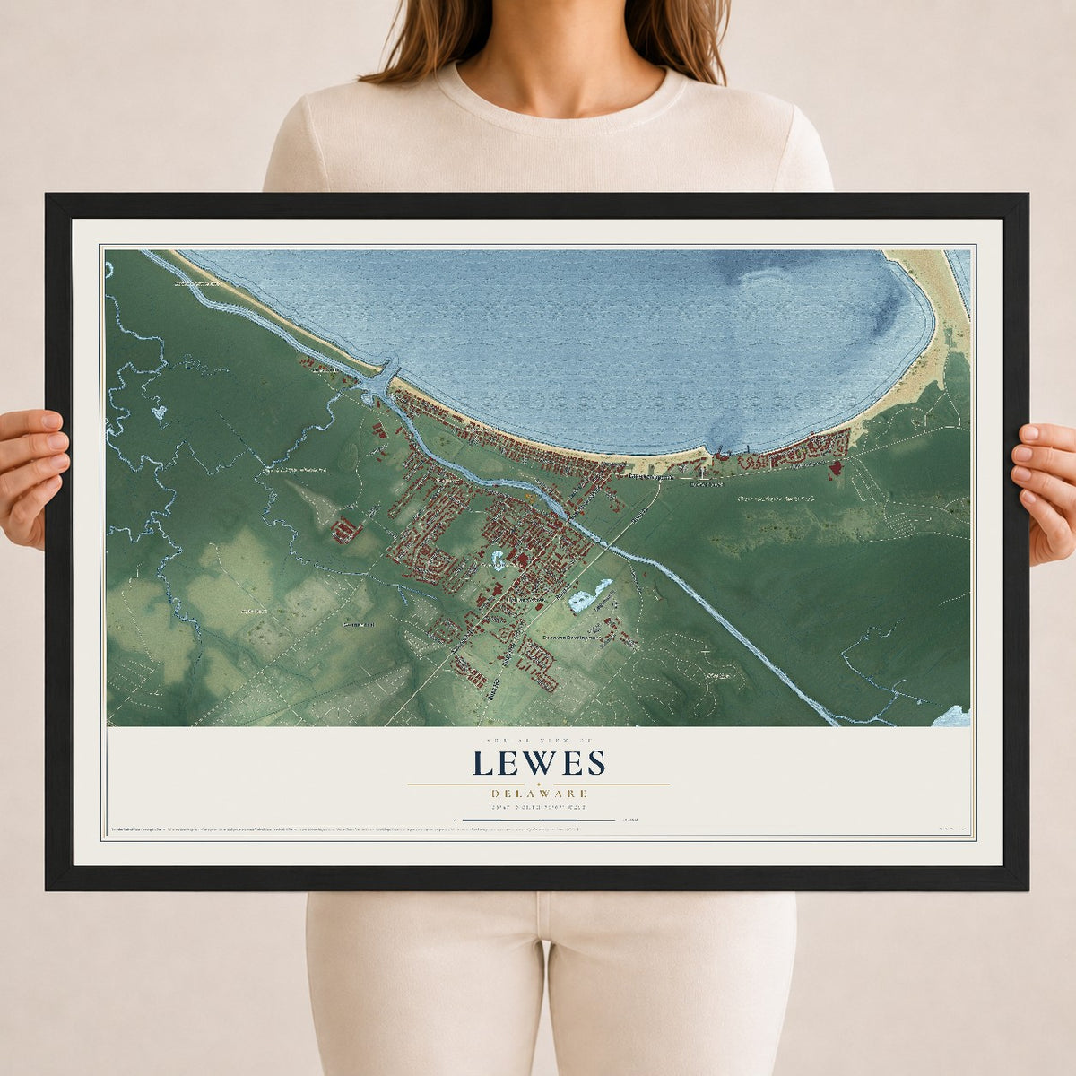 Map of Lewes, Delaware, 18 x 24 inch print in a black wood frame
