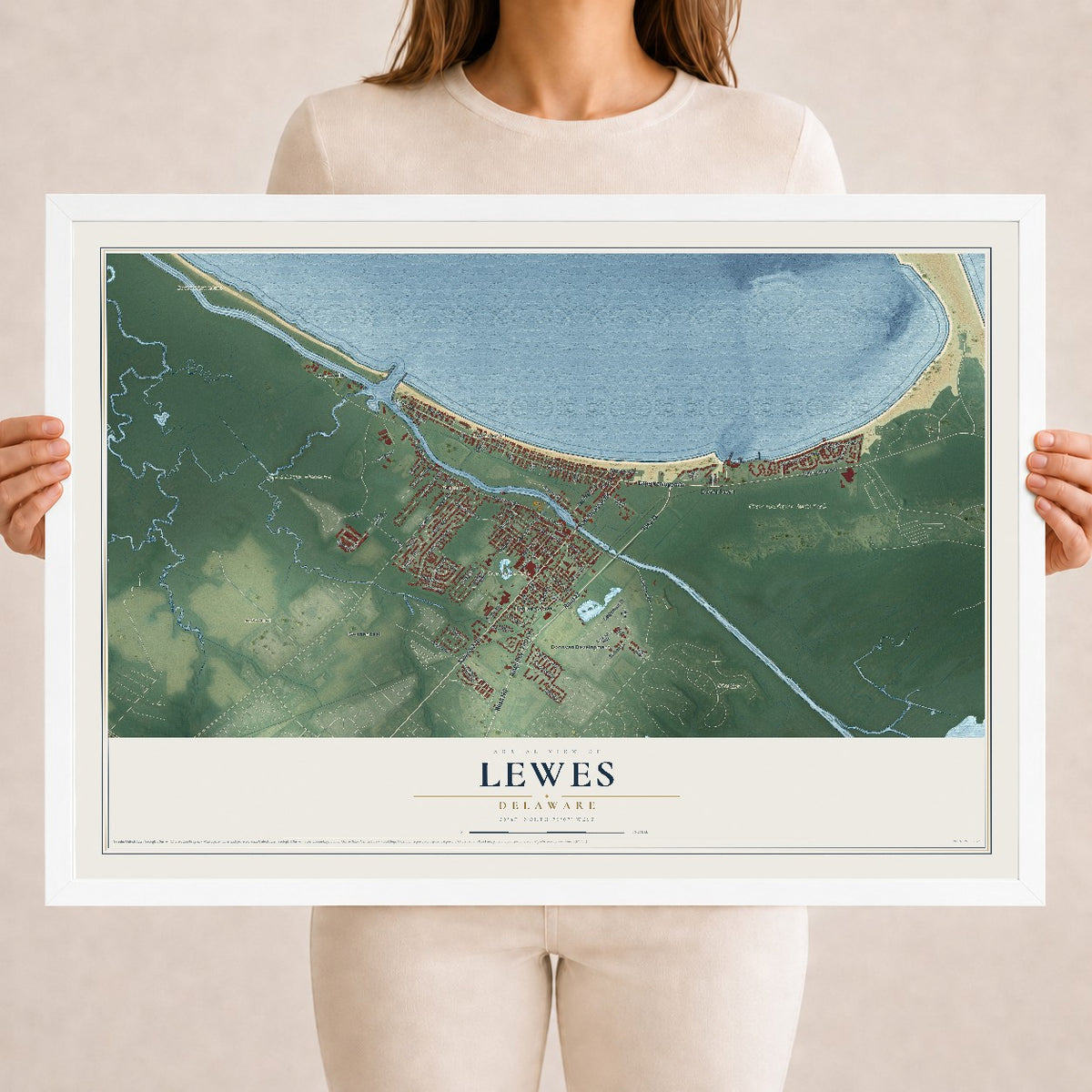 Map of Lewes, Delaware, 18 x 24 inch print in a white wood frame