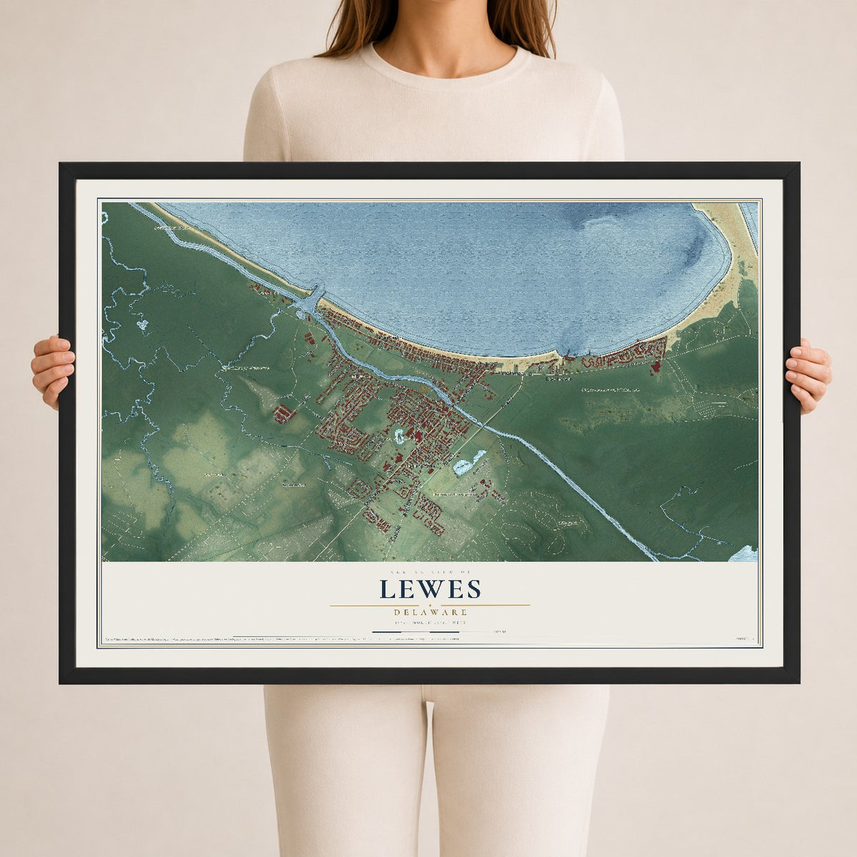 Map of Lewes, Delaware, 24 x 36 inch print in a black wood frame