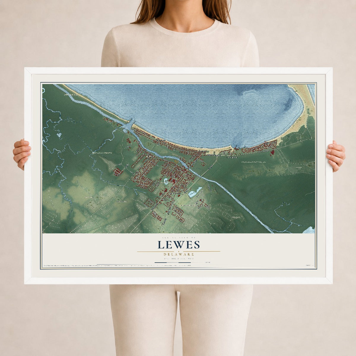 Map of Lewes, Delaware, 24 x 36 inch print in a white wood frame