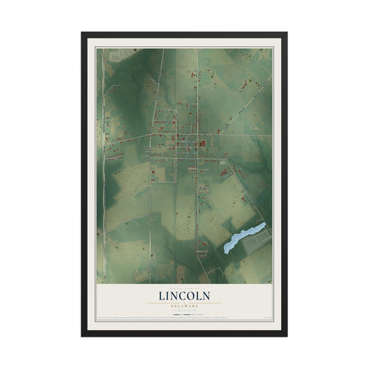 Map of Lincoln, Delaware, 12 x 18 inch print in a black wood frame