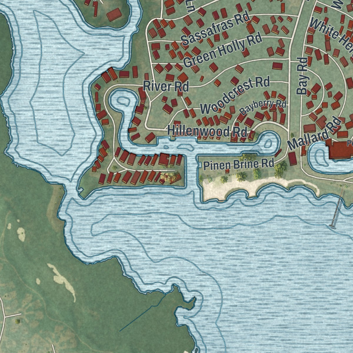 Close-up of the map of Long Neck, Delaware print showing street and building detail