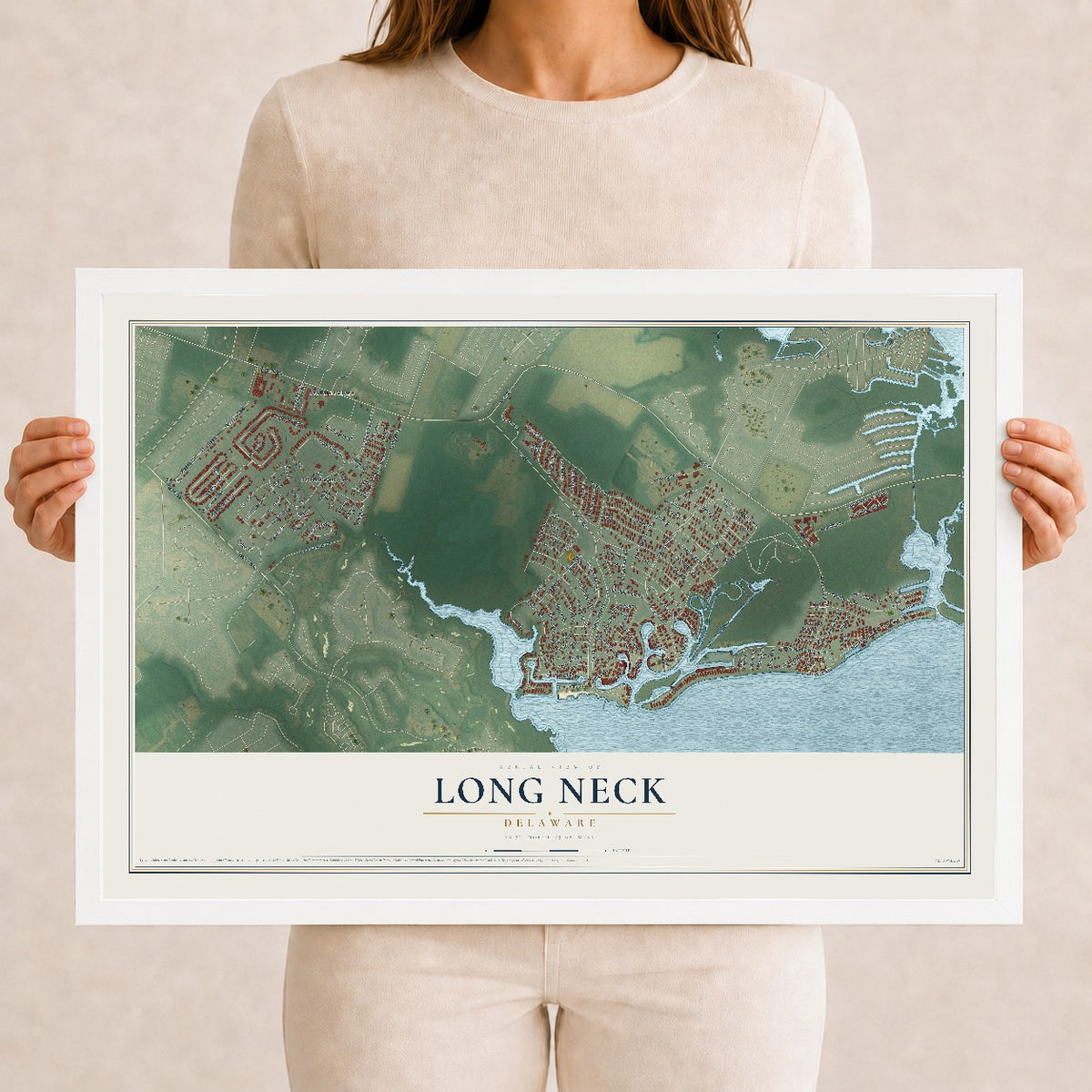 Map of Long Neck, Delaware, 12 x 18 inch print in a white wood frame