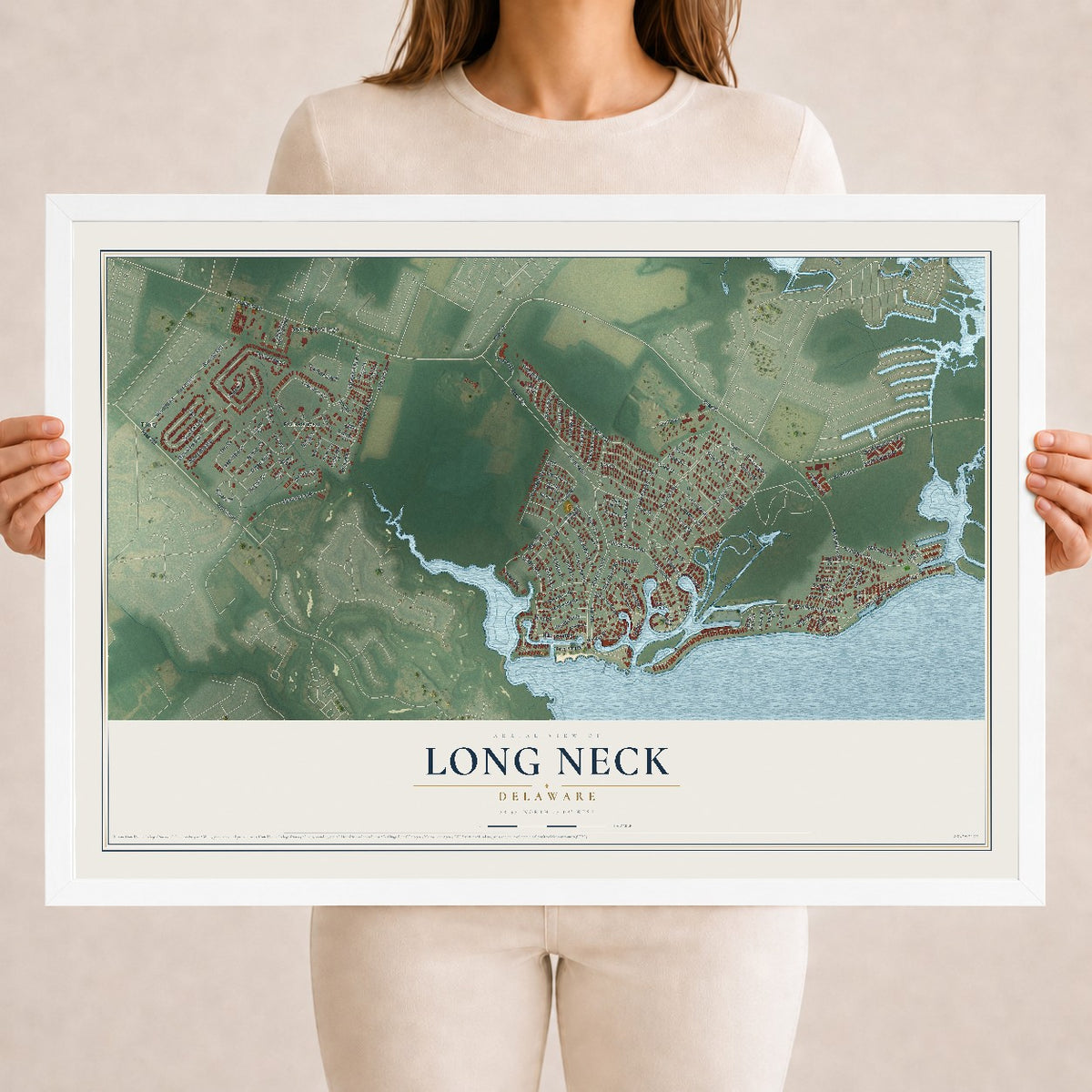 Map of Long Neck, Delaware, 18 x 24 inch print in a white wood frame