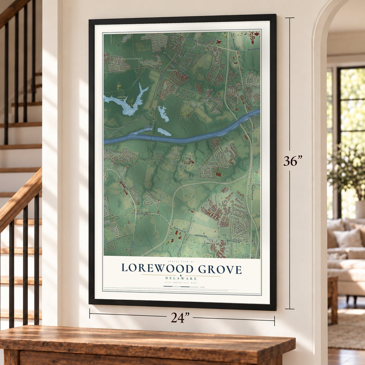 Lorewood Grove, Delaware map, 24 x 36 inch print in a black frame by a staircase