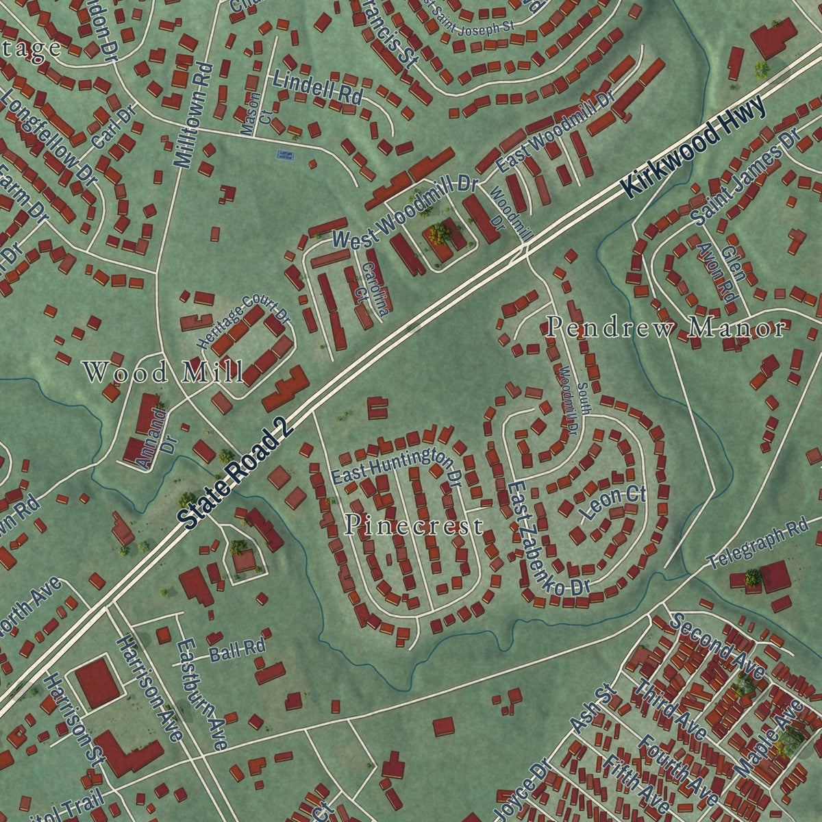 Close-up of the map of Meadowood, Delaware print showing street and building detail