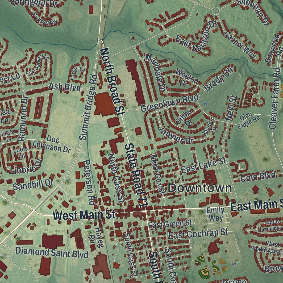 Close-up of the map of Middletown, Delaware print showing street and building detail