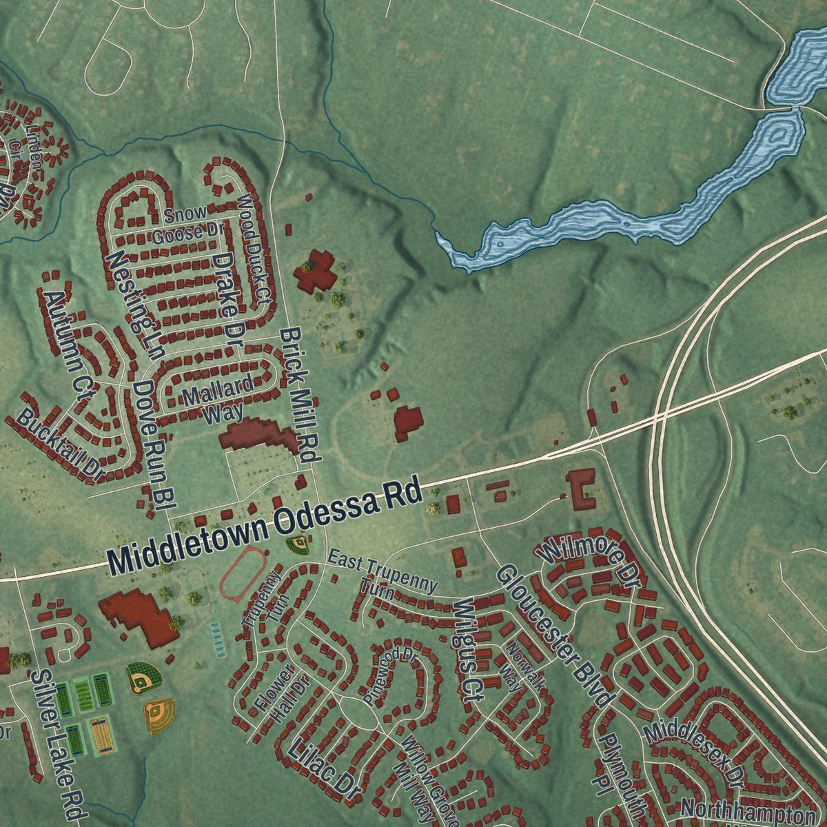 Second close-up of the map of Middletown, Delaware print showing more streets and buildings