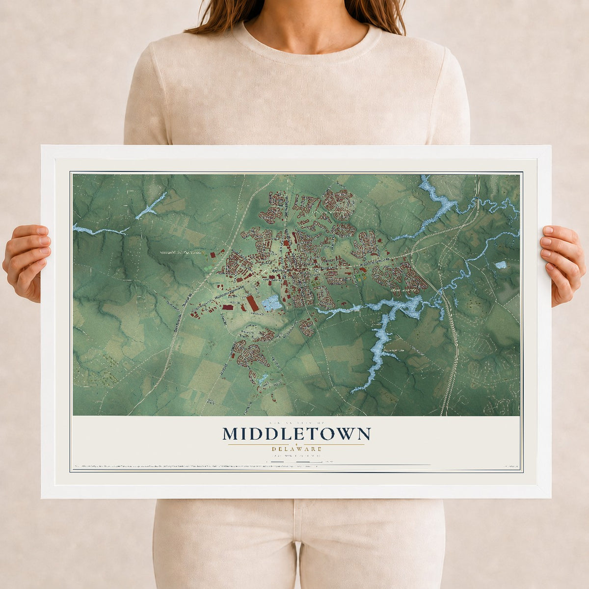 Map of Middletown, Delaware, 12 x 18 inch print in a white wood frame