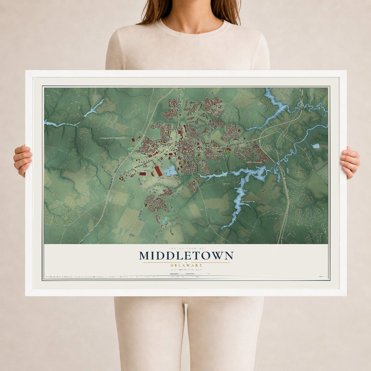 Map of Middletown, Delaware, 24 x 36 inch print in a white wood frame