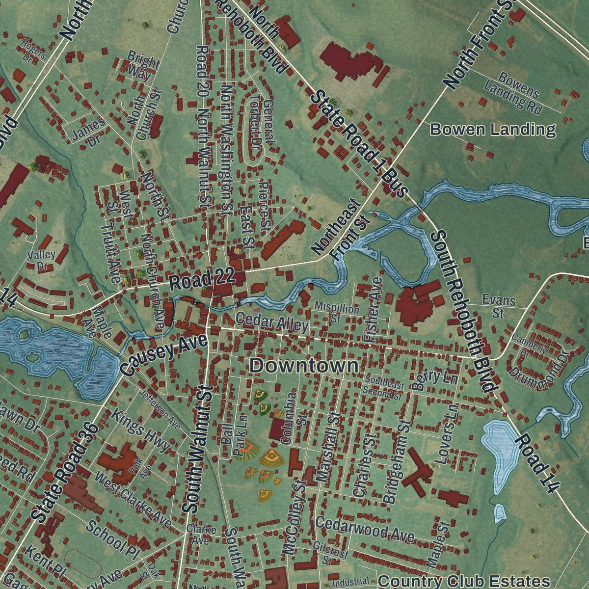 Close-up of the map of Milford, Delaware print showing street and building detail