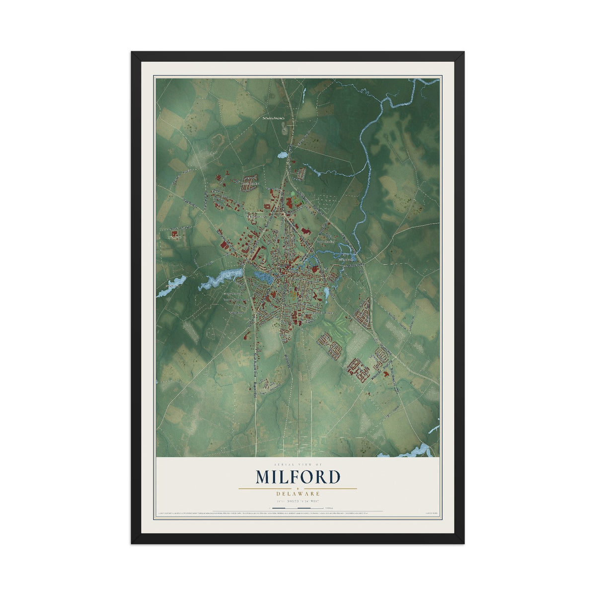 Map of Milford, Delaware, 12 x 18 inch print in a black wood frame