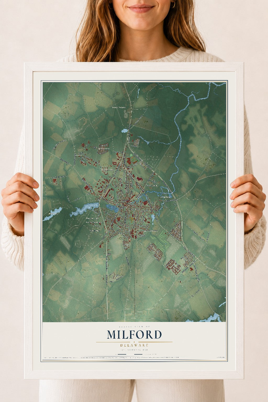Map of Milford, Delaware, 18 x 24 inch print in a white wood frame