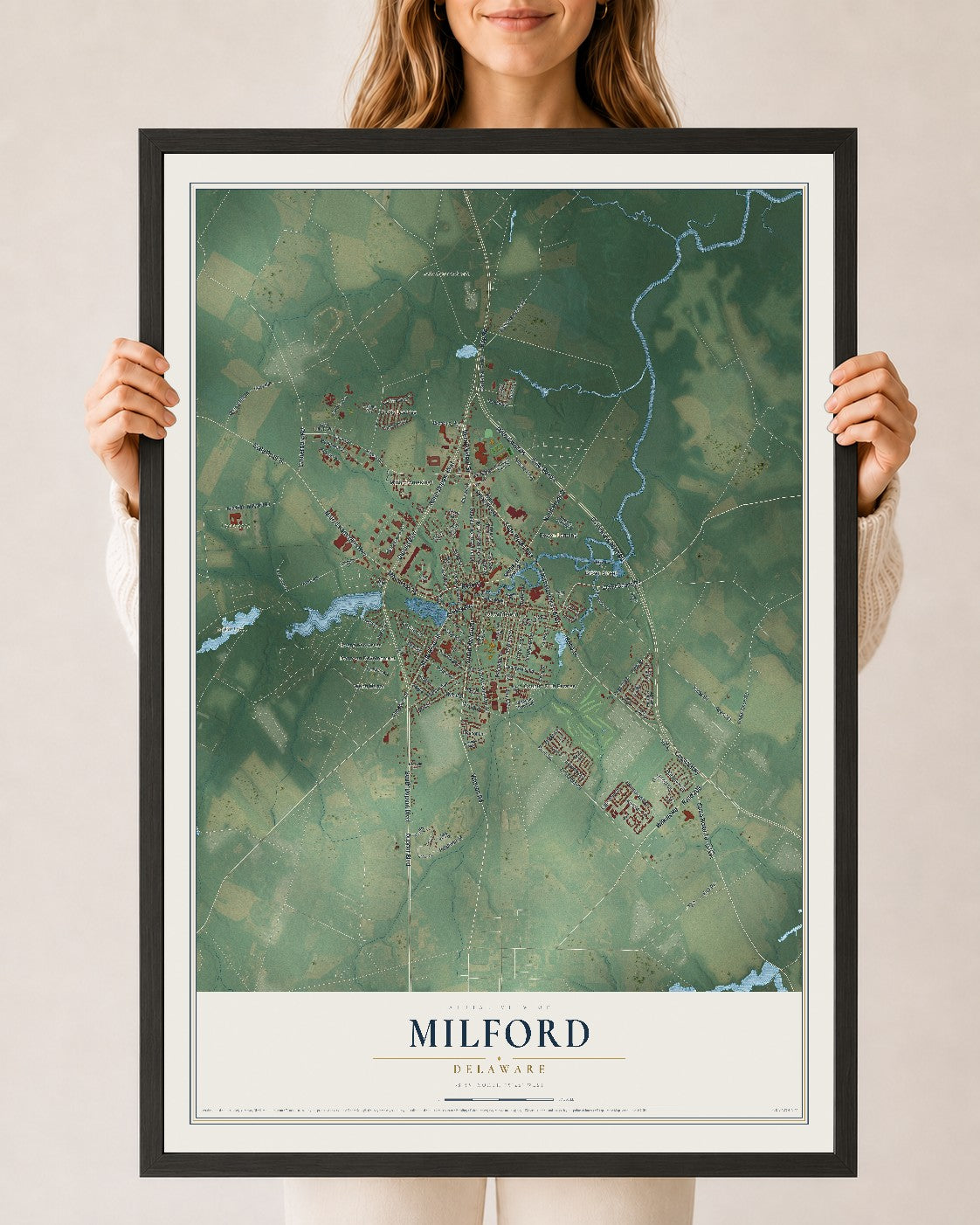 Map of Milford, Delaware, 24 x 36 inch print in a black wood frame