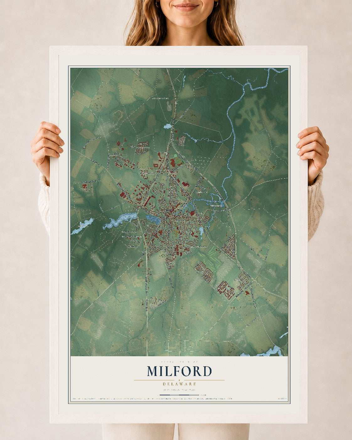 Map of Milford, Delaware, 24 x 36 inch print in a white wood frame