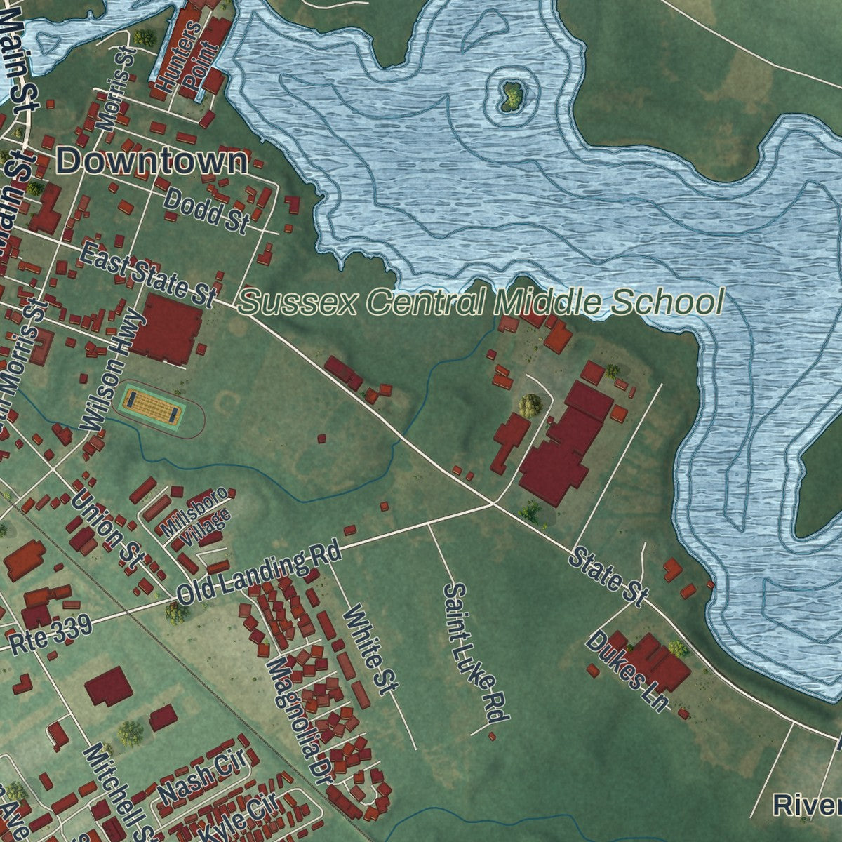 Second close-up of the map of Millsboro, Delaware print showing more streets and buildings