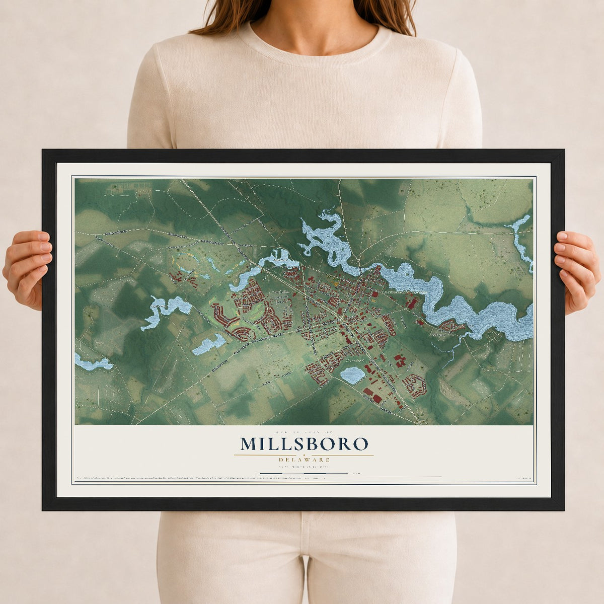 Map of Millsboro, Delaware, 12 x 18 inch print in a black wood frame