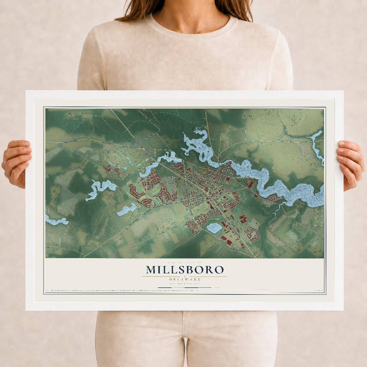 Map of Millsboro, Delaware, 12 x 18 inch print in a white wood frame