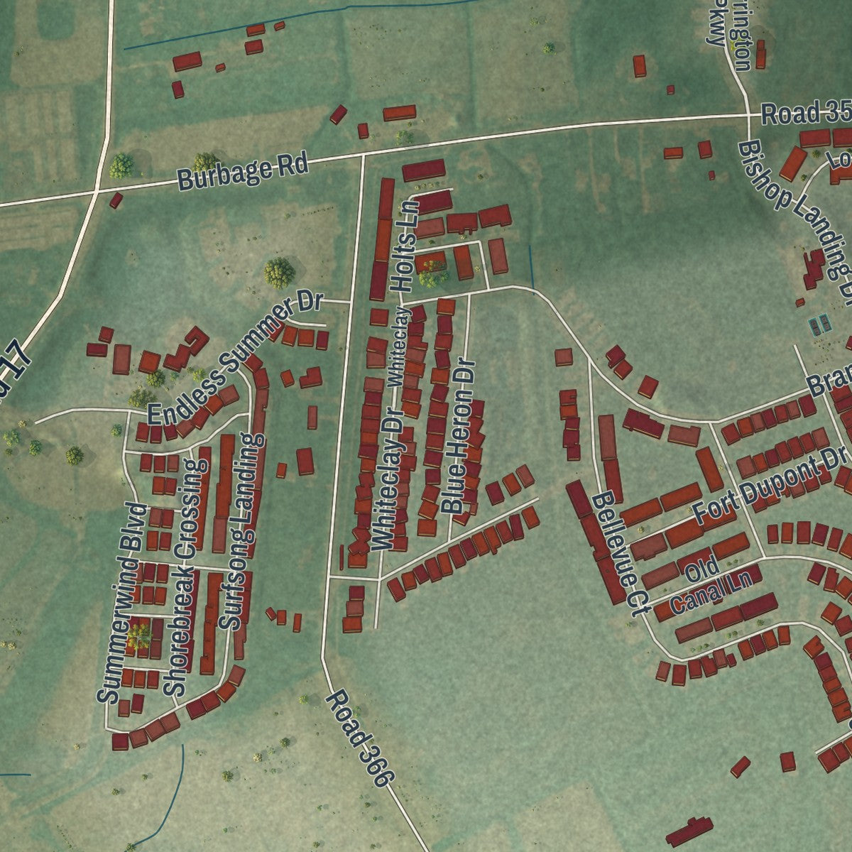 Close-up of the map of Millville, Delaware print showing street and building detail