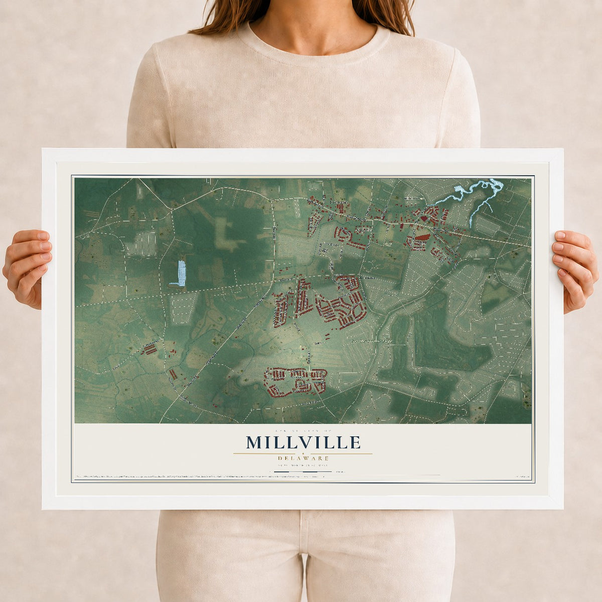 Map of Millville, Delaware, 12 x 18 inch print in a white wood frame