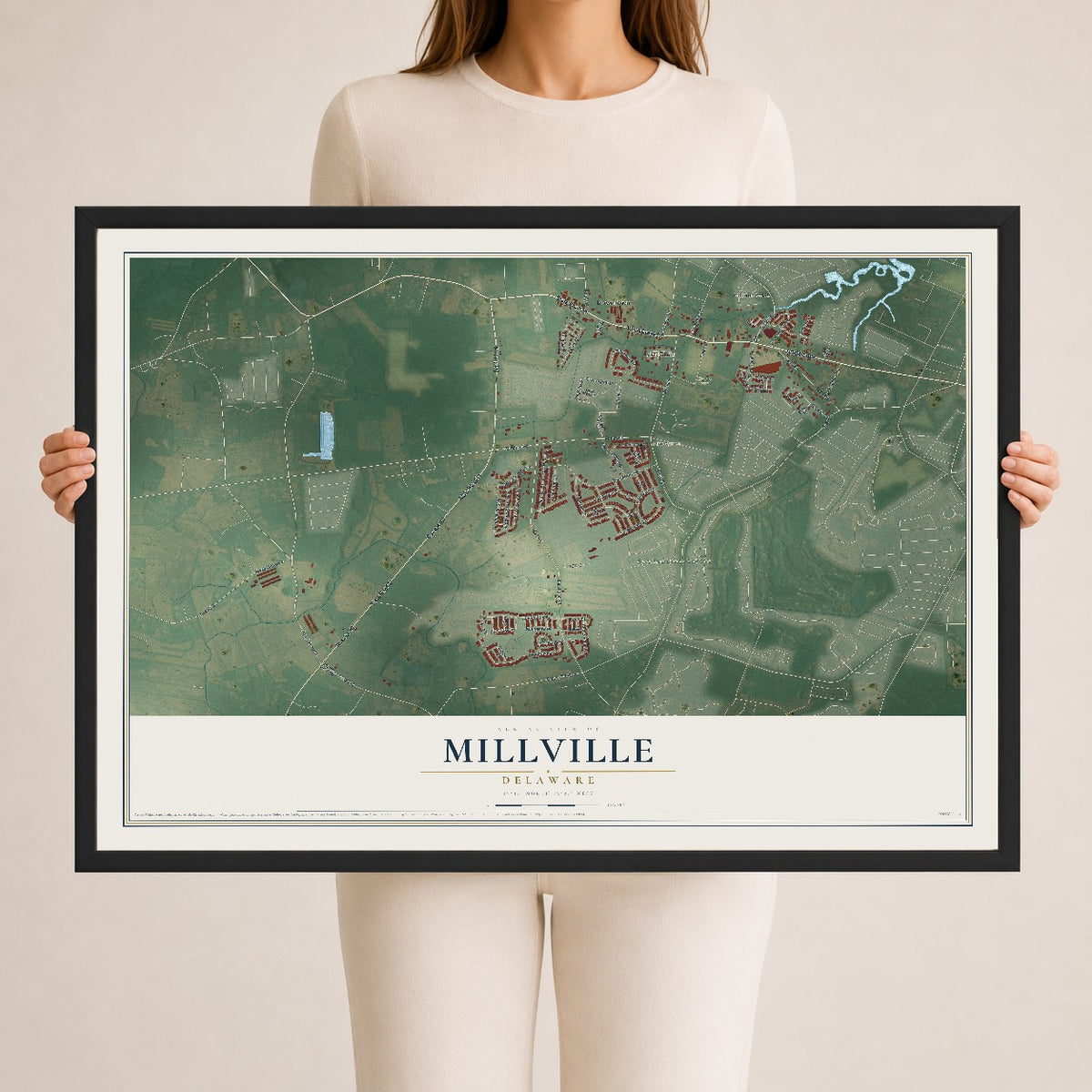 Map of Millville, Delaware, 24 x 36 inch print in a black wood frame