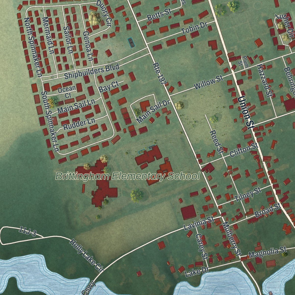 Close-up of the map of Milton, Delaware print showing street and building detail