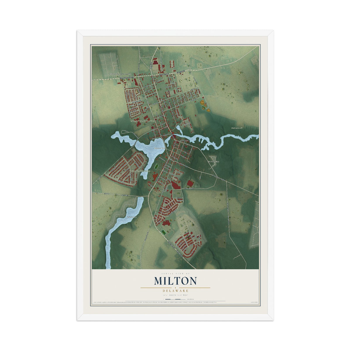 Map of Milton, Delaware, 12 x 18 inch print in a white wood frame