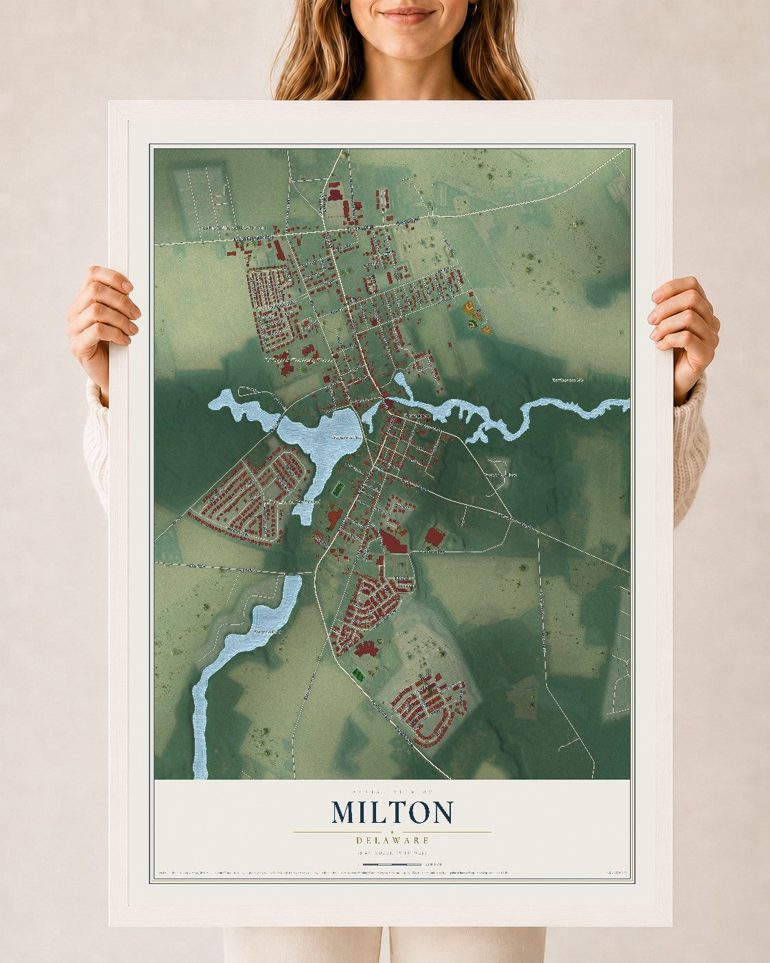 Map of Milton, Delaware, 24 x 36 inch print in a white wood frame