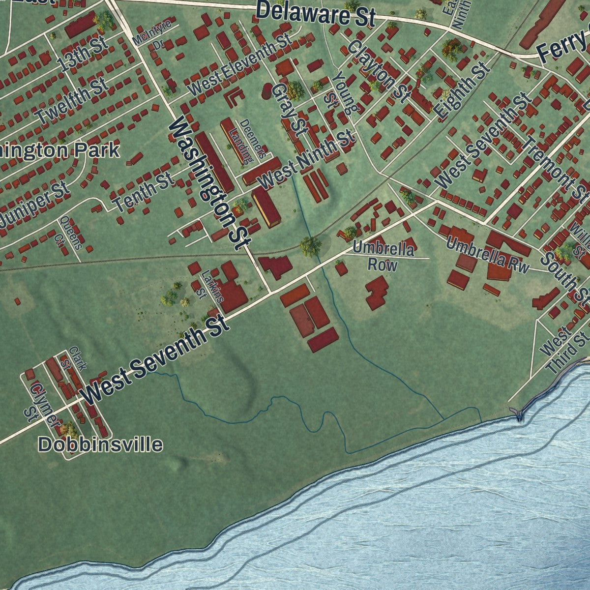 Close-up of the map of New Castle, Delaware print showing street and building detail