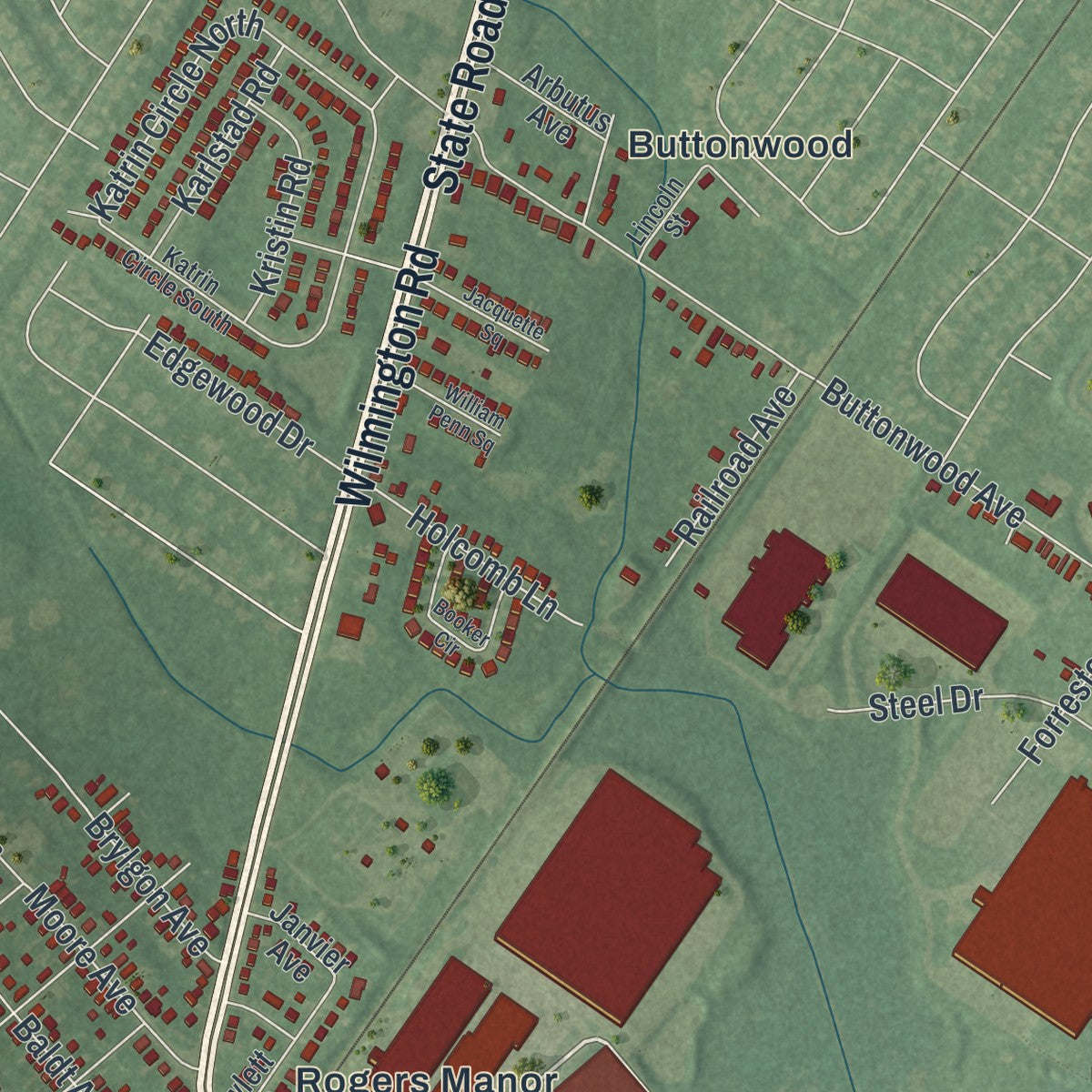 Second close-up of the map of New Castle, Delaware print showing more streets and buildings