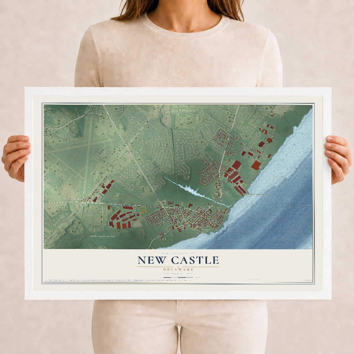 Map of New Castle, Delaware, 12 x 18 inch print in a white wood frame