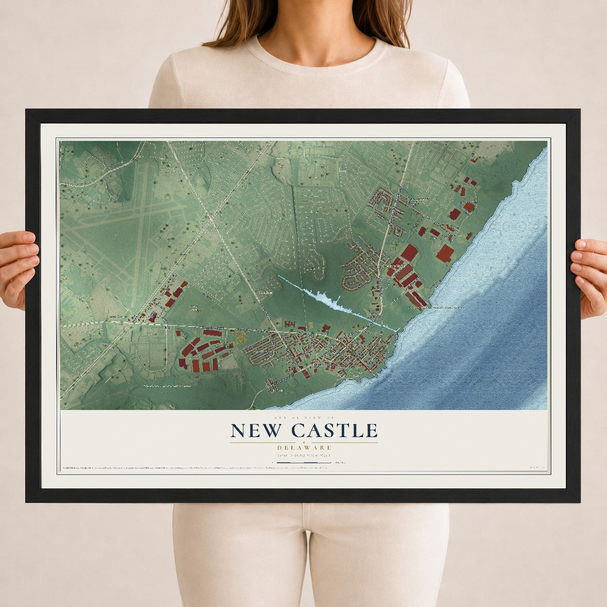 Map of New Castle, Delaware, 18 x 24 inch print in a black wood frame
