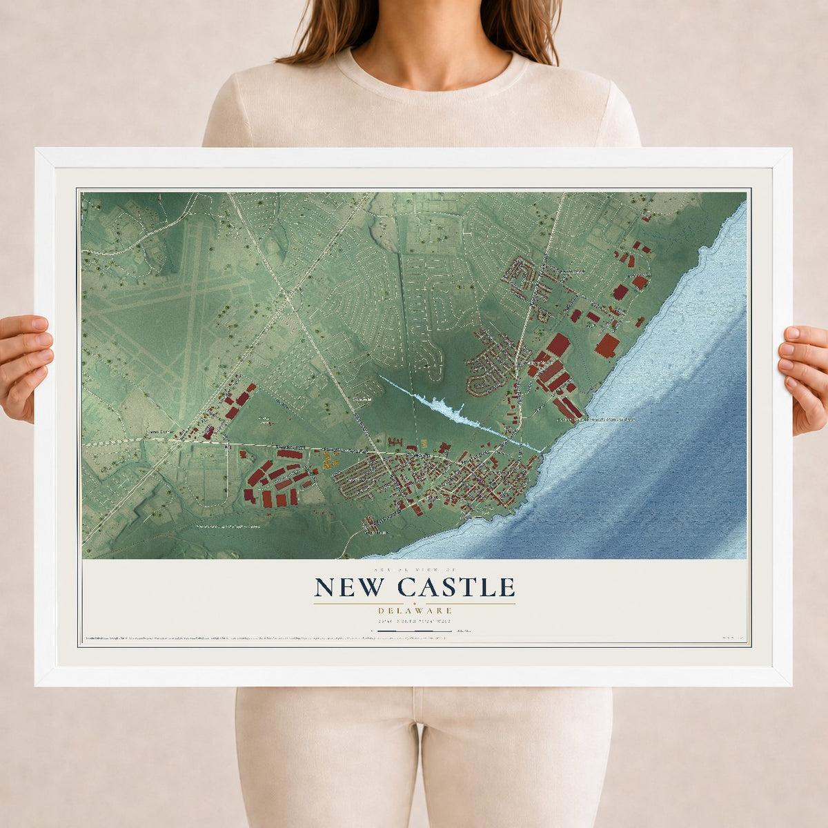 Map of New Castle, Delaware, 18 x 24 inch print in a white wood frame